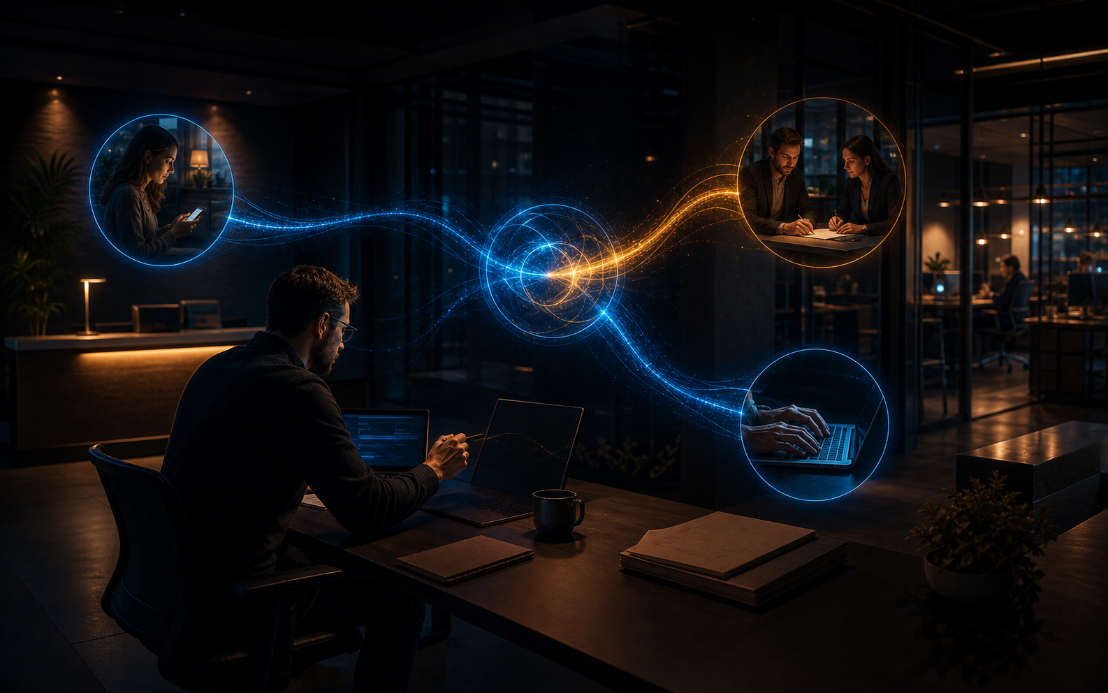 A business team connected through a custom AI workflow with human review and existing tools