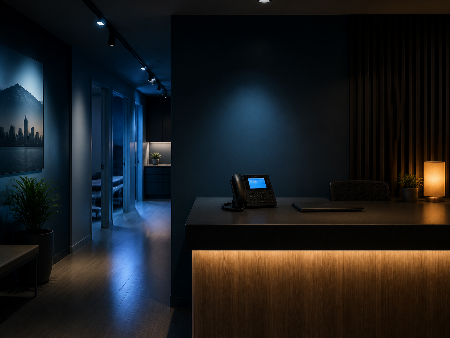 A modern physiotherapy clinic reception after hours