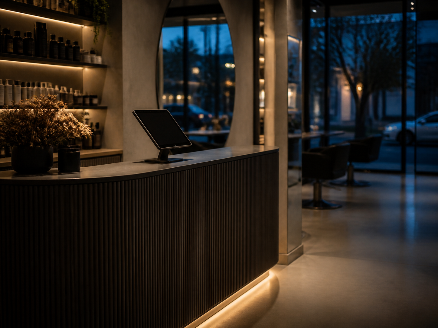 An independent beauty salon reception after closing