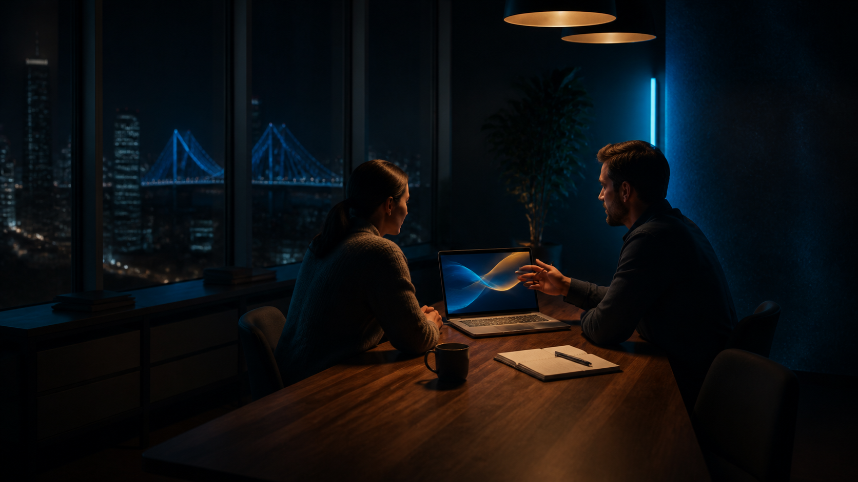 A business owner and consultant discussing a workflow in a dark Montreal meeting room