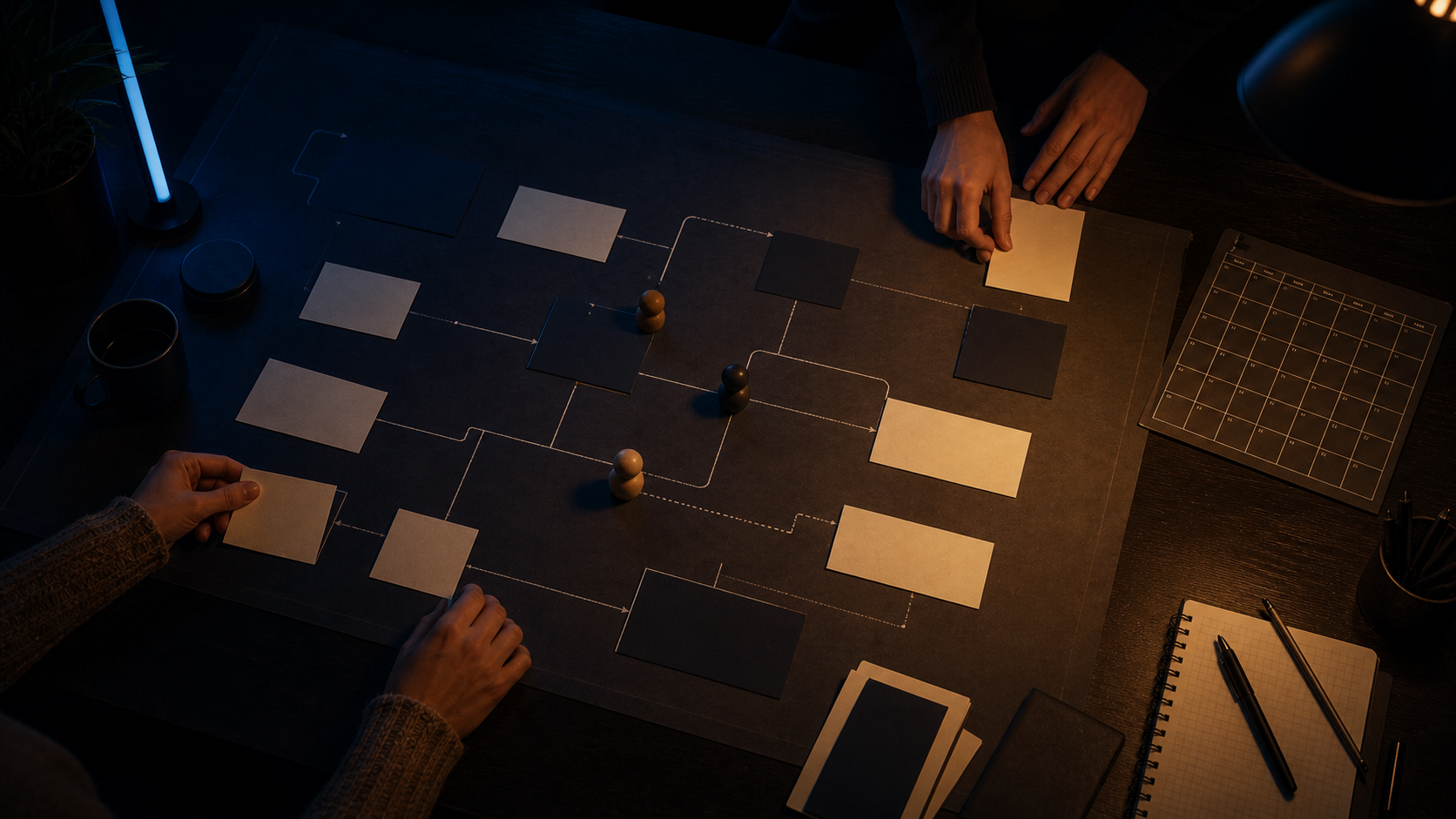 Hands arranging a detailed business workflow map on a dark table